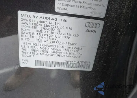 2007 Audi Q7 4.2 z USA, uszkodzony, nr VIN WA1AV74L57D062591